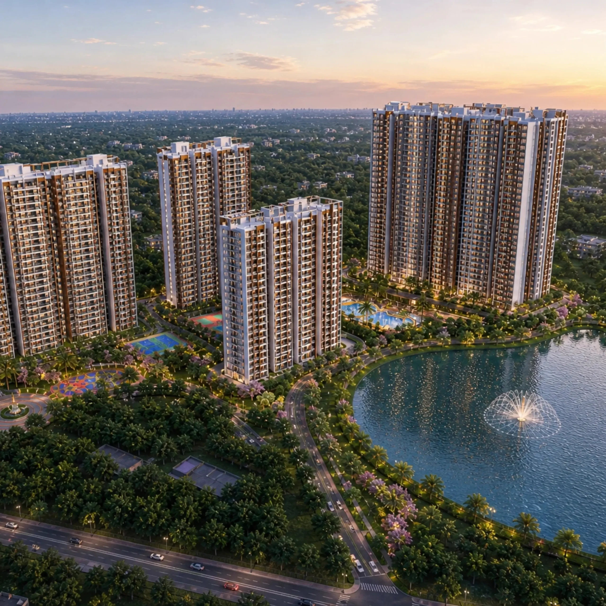 Mana Skanda – The Right Life | Luxury Lakefront Apartments in Bangalore Aerial view of Mana Skanda – The Right Life, a luxury lakefront residential township in Bangalore featuring modern high-rise apartment towers, landscaped gardens, premium amenities, wide internal roads, and a scenic lake with fountain during sunset.